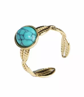 Anello Regolabile Dorato in Acciaio Inossidabile con Foglie e Turchenite A