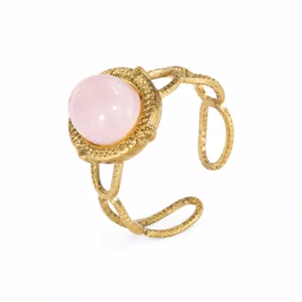 Anello ovale in acciaio inossidabile placcato oro con quarzo rosa