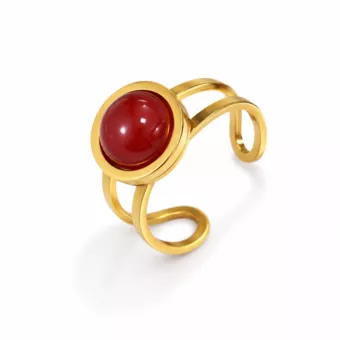 Anello rotondo in acciaio inossidabile placcato oro con agata rossa