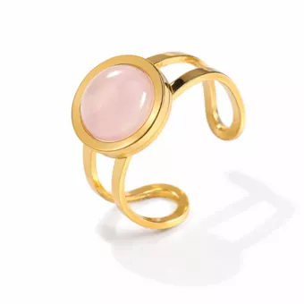 Anello in acciaio inossidabile placcato oro con quarzo rosa rotondo