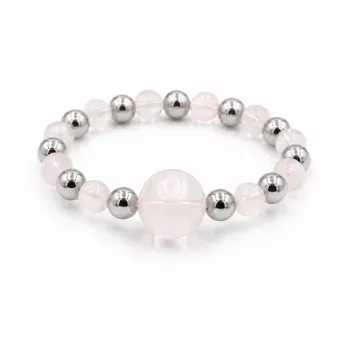 Anello con perline d'argento e quarzo rosa
