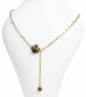 Collana in Acciaio Inossidabile Dorato con Ciondolo Croce in Occhio di Tigre A Sfaccettato
