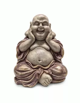 Statua Buddha Ridente Viola Anticato e Oro in Resina 26 cm