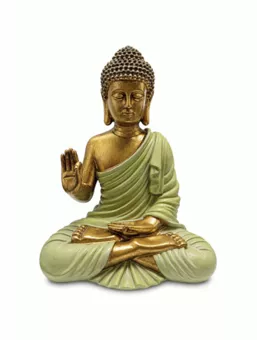 Statua Buddha Abhaya Verde e Dorata in Resina 23 cm