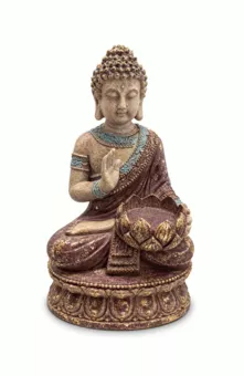 Statua di Buddha Abhaya con Loto Viola e Dorato in Resina 25 cm