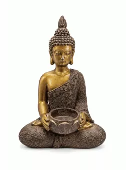 Statua di Buddha in Meditazione con Ciotola Marrone e Dorata in Resina 25 cm