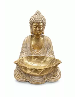 Statua di Buddha con Coppa Foglia Bianca e Dorata in Resina 30 cm