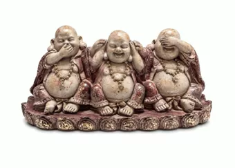 Statua 3 Buddha Ridenti della Saggezza Viola e Dorata in Resina 9 cm