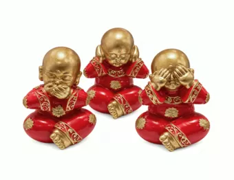 Set di 3 Monaci della Saggezza Rossi e Dorati in Resina 12 cm