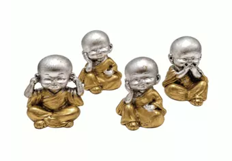 Set di 4 Monaci della Saggezza Argentati e Dorati in Resina 5,5 cm