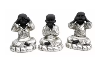Set di 3 Statue dei Monaci Saggi in Resina Nera e Argentata 8cm