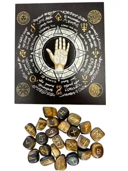Scatola per rune Futhark Occhio di tigre in sacchetto di stoffa 10x11 cm