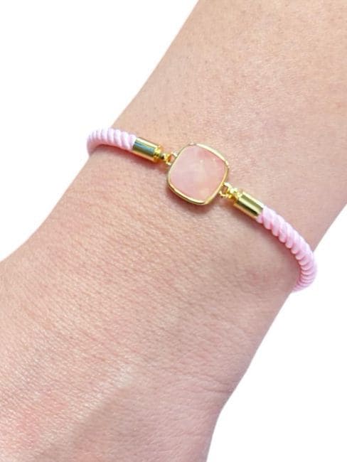 Bracciale in corda di ottone con quarzo rosa sfaccettato quadrato 11 mm