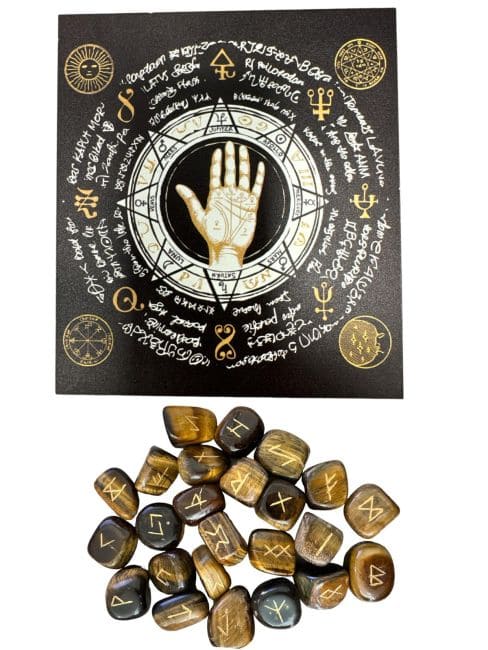 incenso ad Scatola per rune Futhark Occhio di tigre in sacchetto di stoffa 10x11 cm