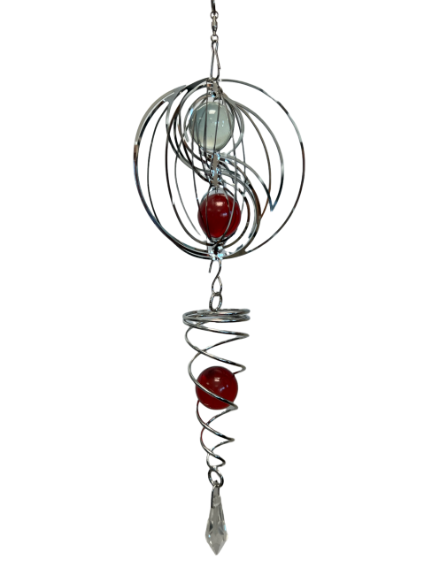 Carillon a vento 3D in acciaio yin yang a spirale con pallina rossa 10cm