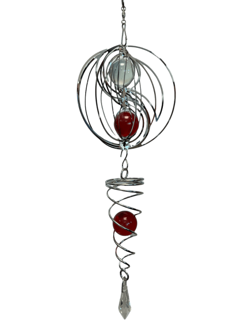 Carillon a vento 3D in acciaio yin yang a spirale con pallina rossa 10cm