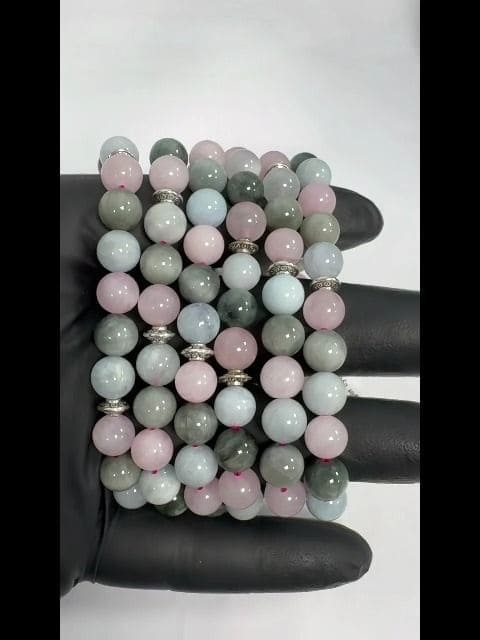 Bracciale Acquamarina, Quarzo rosa, Occhio di falco & Charms A 8mm