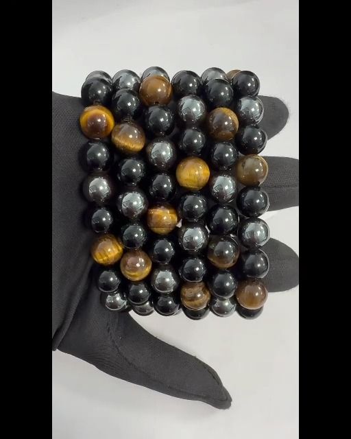 Bracciale in ematite, occhio di tigre, ossidiana nera, perline da 10 mm