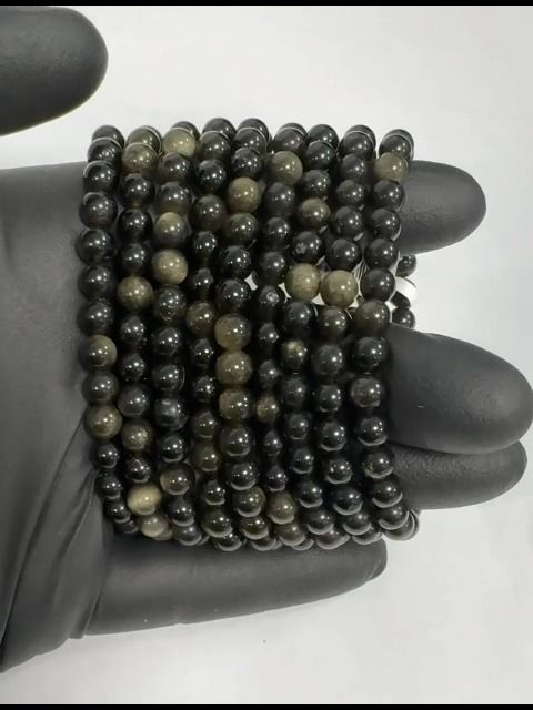 Bracciale perle di Ossidiana nera dorata A 6mm
