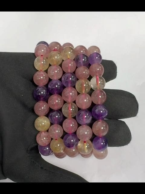 Bracciale Ametista, Quarzo Rutilato, Quarzo Fragola Perle A 10mm