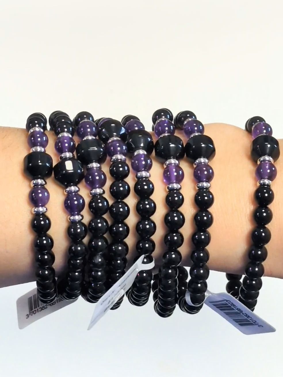 Bracciale in ametista, perle in onice nero da 6 mm