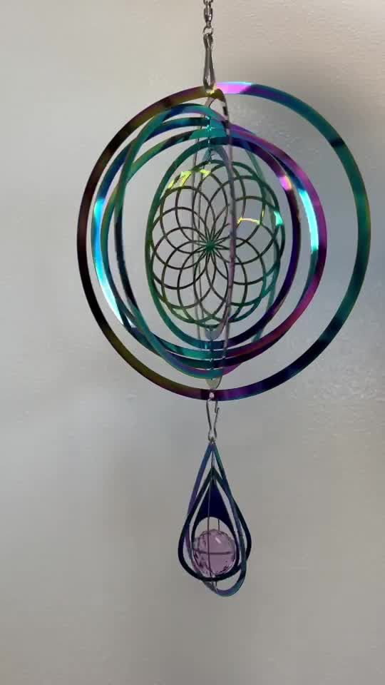 Campanello a vento 3D in acciaio arcobaleno fiore della vita Cristallo 15cm